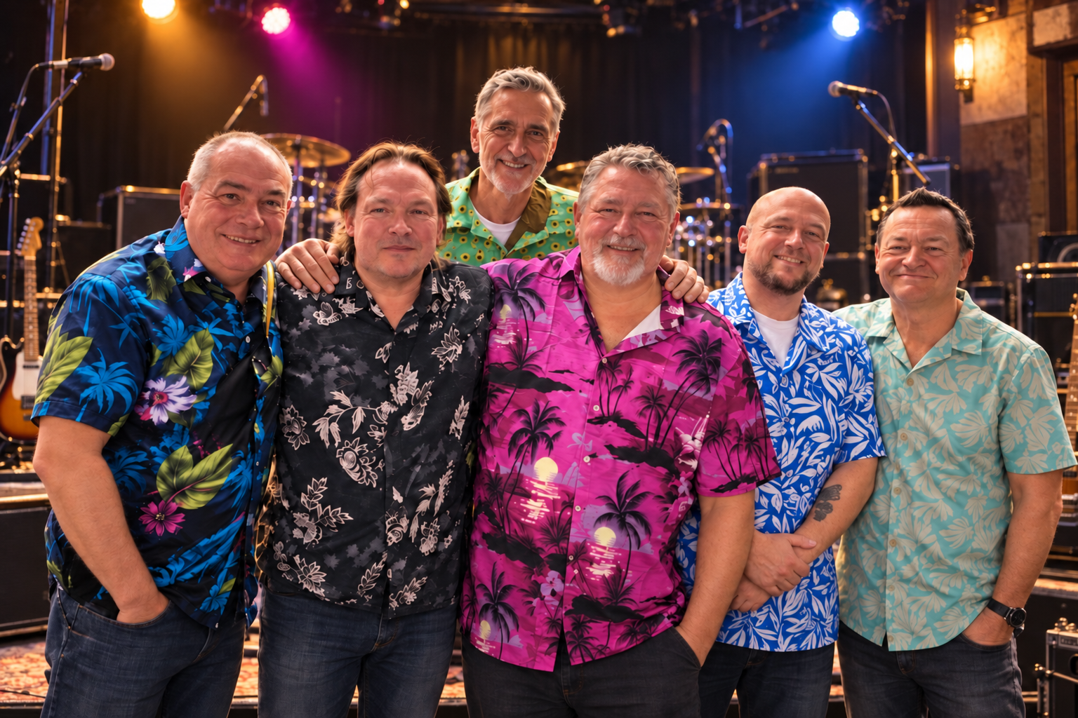 The six members of Sunday Service together on a small indoor concert stage.